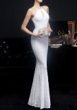 Summer Occassional Sequins White Halter Mermaid Long Evening Dress