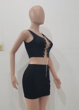Summer Black Lace-Up Crop Top and Mini Skirt 2 Piece Matching Set