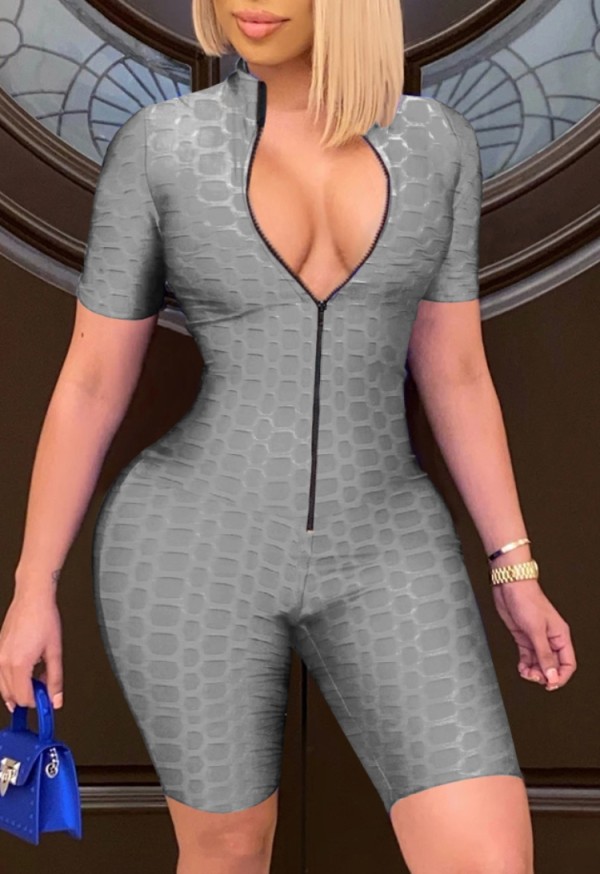 Summer Grey Front Zip Up Waffle Sexy Bodycon Rompers