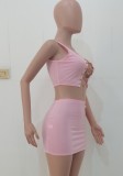 Summer Pink Lace-Up Crop Top and Mini Skirt 2 Piece Matching Set