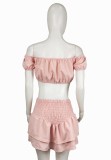 Summer Pink Sexy Keyhole Crop Top and High Waist Ruffles Mini Skirt Matching Set