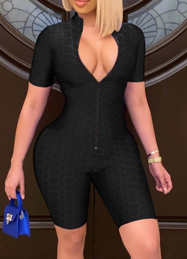 Summer Black Front Zip Up Waffle Sexy Bodycon Rompers