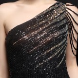 Summer Occassional Sequins Black Side Slit One Shoulder Long Evening Dress