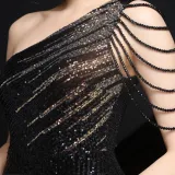 Summer Occassional Sequins Black Side Slit One Shoulder Long Evening Dress