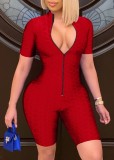 Summer Red Front Zip Up Waffle Sexy Bodycon Rompers