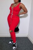 Summer Red Sexy Lace-Up Crop Top and Stacked Ripped Pants 2PC Matching Set