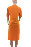Summer Casual Orange V-Neck Loose Shirt Dress