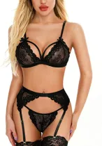 3PC Black Lace Sexy Galter Lingerie Set