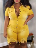 Plus Size Summer Yellow Buttom Up Ripped Denim Rompers