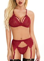 3PC Red Lace Sexy Galter Dessous Set