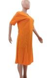 Summer Casual Orange V-Neck Loose Shirt Dress