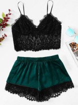 Summer Lace and Satin Patch 2 Piece Short Pajama Set