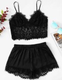 Summer Lace and Satin Patch 2 Piece Short Pajama Set