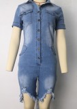 Plus Size Summer Blue Buttom Up Ripped Denim Rompers
