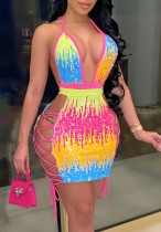 Summer Party Sexy Multi-Color Sequins Lace-Up Mini Bodycon Dress