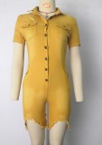 Plus Size Summer Yellow Buttom Up Ripped Denim Rompers