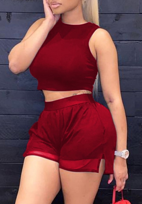 Summer Casual Red Tank Crop Top and Shorts Matching 2PC Set