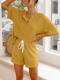 Summer Yellow Knitting Shirt and Shorts Matching 2PC Lounge Set