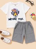 Kids Girl Summer Print White Shirt and Grey Shorts 2PC Set