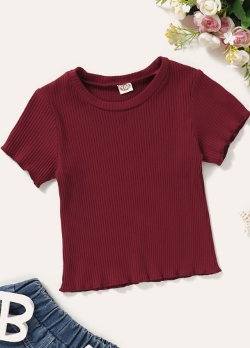 Camisa de gola redonda para bebê menina verão vermelho tricô