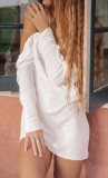 Summer White Backless Long Sleeve Knitted Mini Sundress Cover Up