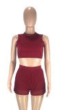 Summer Casual Red Tank Crop Top and Shorts Matching 2PC Set