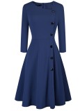 Spring Vintage Blue Decent Skater Dress with 3/4 Sleeves