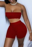 Summer Red Waffle Sexy Bandeau Top and Biker Shorts 2PC Matching Set