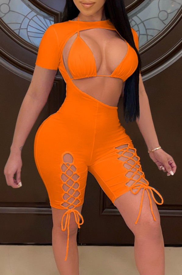 Summer Orange Bikini Top and Cut Out Lace-Up Bodycon Rompers 2PC Set