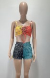 Summer Colorful Print Lace-Up Crop Top and Shorts 2PC Matching Set