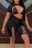 Summer Black Bikini Top and Cut Out Lace-Up Bodycon Rompers 2PC Set