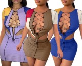 Summer Block Color Lace-Up Crop Top and Mini Skirt Sexy 2 Piece Ribbed Set