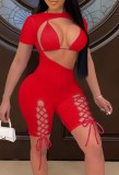 Summer Red Bikini Top and Cut Out Lace-Up Bodycon Rompers 2PC Set