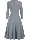 Spring Vintage Grey Decent Skater Dress with 3/4 Sleeves