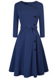 Spring Vintage Blue Decent Skater Dress with 3/4 Sleeves