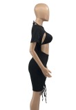Summer Black Bikini Top and Cut Out Lace-Up Bodycon Rompers 2PC Set