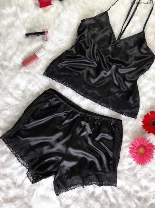 Summer Lace Patch Black Strap Top and Shorts 2 Piece Pajama Set