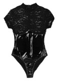 Summer Black Lace Patch Leather Sexy Teddy Lingerie