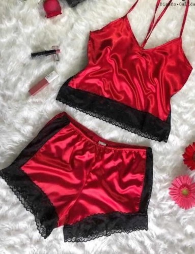 Summer Lace Patch Red Strap Top and Shorts 2 Piece Pajama Set