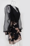 Summer Black Mesh Patch V-Neck Sequins Mini Club Dress