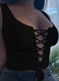 Summer Black Lace-Up Sexy Ribbed Tank Crop Top