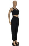 Summer Casual Black Tank Crop Top and Sweatpants Matching 2PC Set