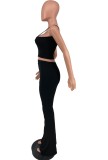 Summer Casual Black Strap Crop Top and High Waist Pants Matching 2PC Set