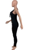 Summer Black Ribbed Sleeveless Lace-Up Sexy Bodycon Jumpsuit
