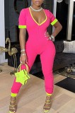 Summer Casual Pink V-Neck Jumpsuit with Contrast Trims