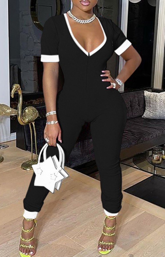 Summer Casual Black V-Neck Jumpsuit with Contrast Trims