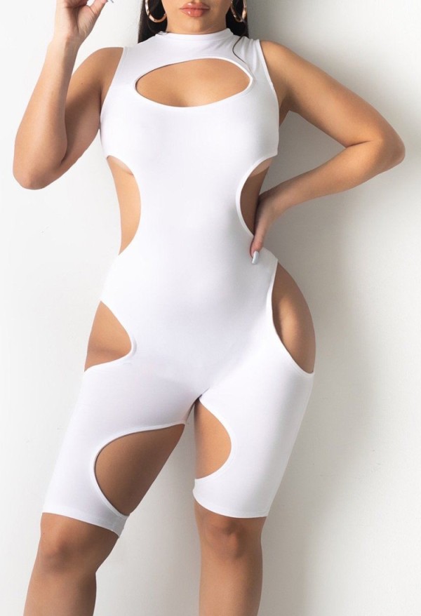 Summer White Sexy Hollow Out Sleeveless Bodycon Rompers Jumpsuit