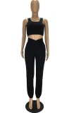 Summer Casual Black Tank Crop Top and Sweatpants Matching 2PC Set