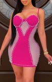 Summer Pink Patch Sexy Beaded Strap Mini Bodycon Dress