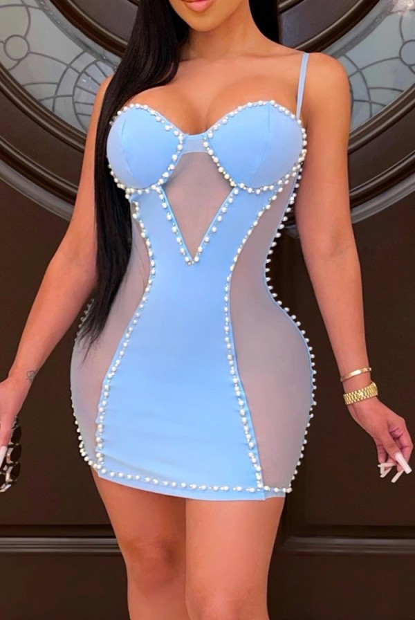 Summer Blue Patch Sexy Beaded Strap Mini Bodycon Dress